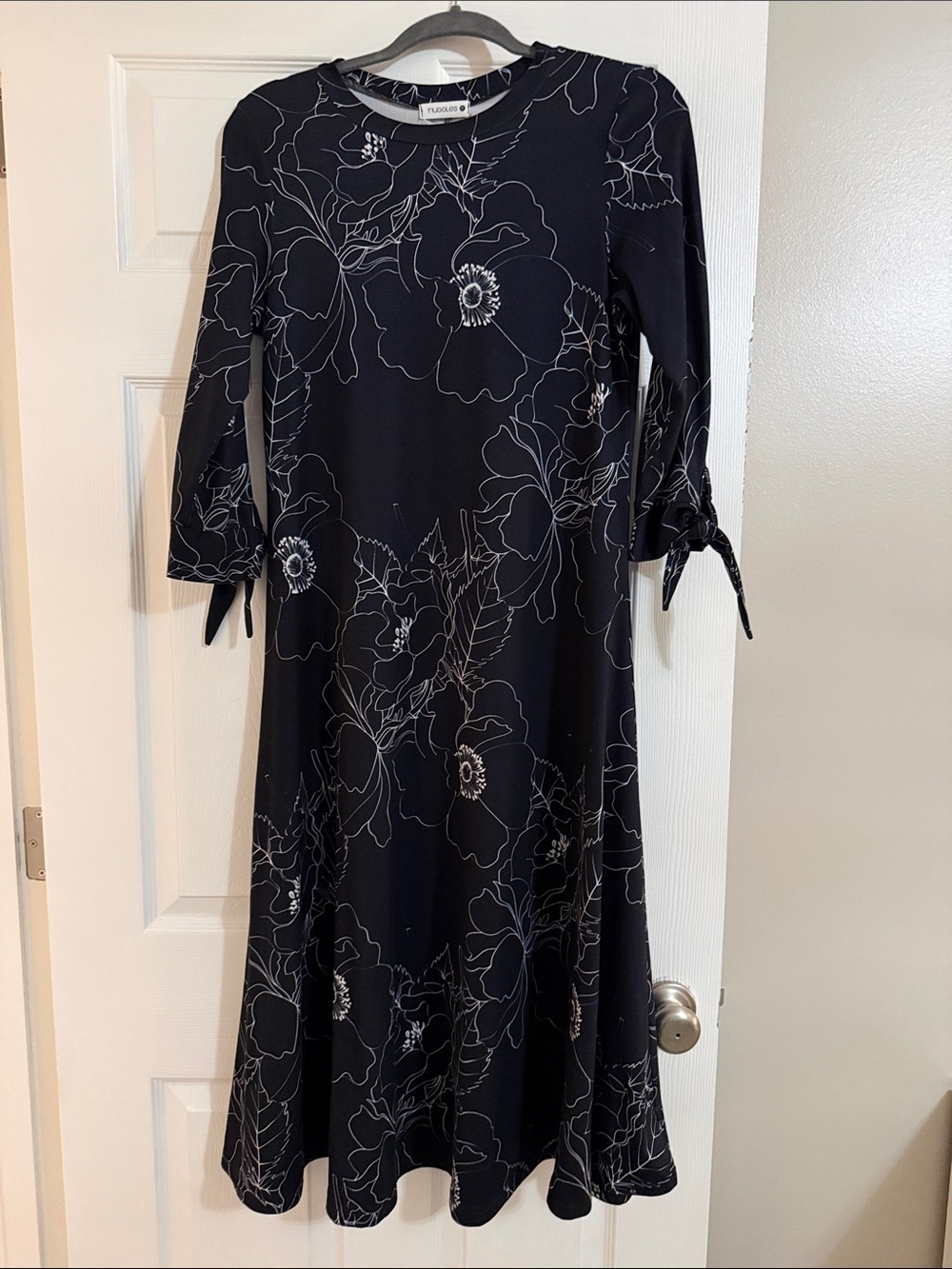 Black Floral Midi Dress with Tie-Sleeve Detail